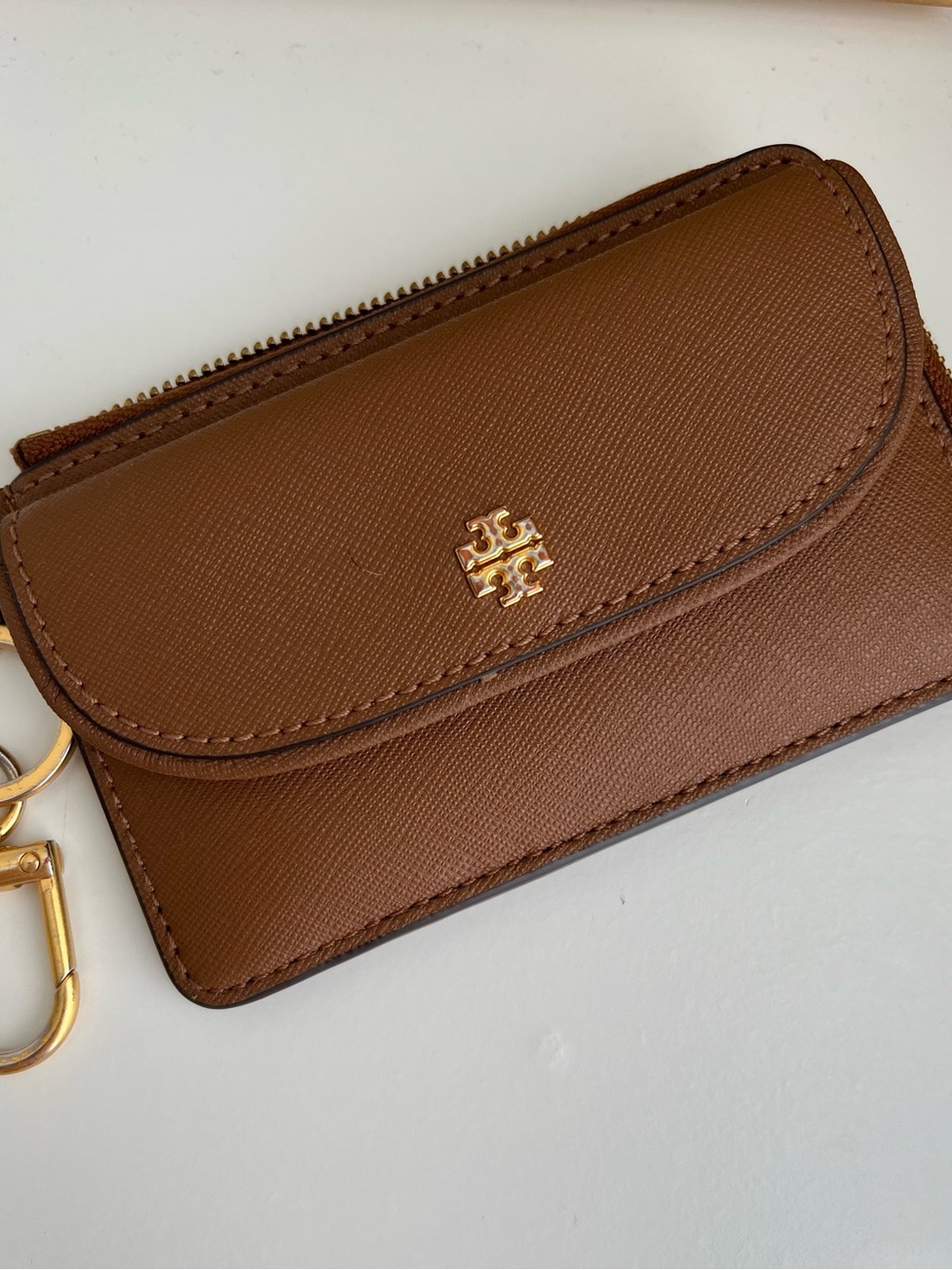 Tory Burch Brown Saffiano Leather Card Case with Gold Logo